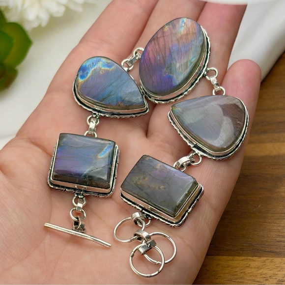 Natural Purple Labradorite Chunky Bracelet Boho New 925 Sterling Silver Overlay - Picture 6 of 11